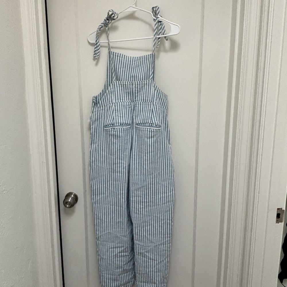 Madewell pinstripes blue and white tie overalls
